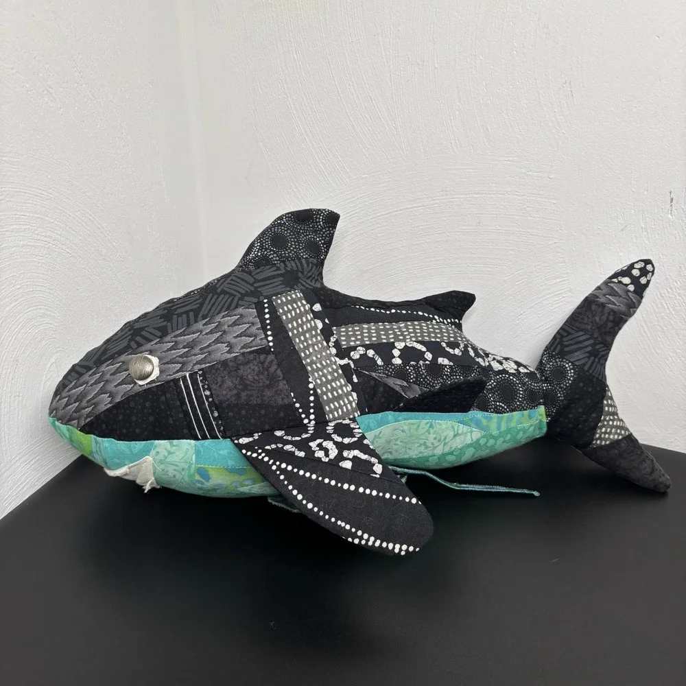 Handmade Fabric Shark Plush Collectible‎ Textile Abstract 16x8 Black Teal Art